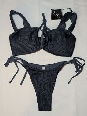 Zaful Navy Blue Textured Tie-Side Bikini Set